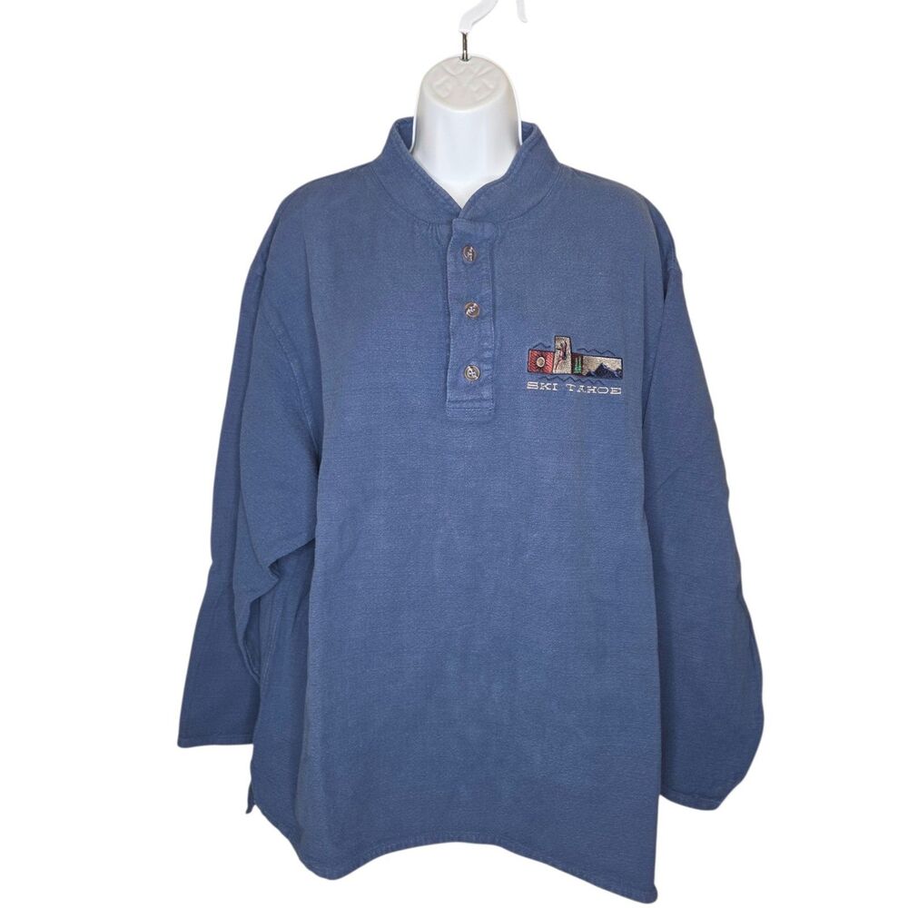 Vintage Ski Tahoe Embroidered Fleece Henley Pullover Sweatshirt Size L Blue